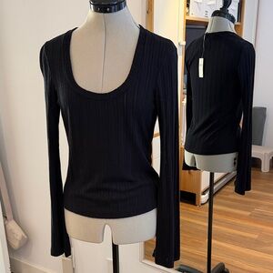 NWT Anthropologie Black Ribbed Long Bell Sleeve Top S